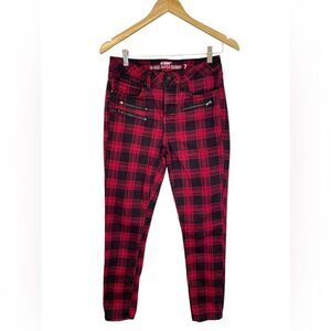 HT Juniors 7 High Rise Skinny Black Red tartan Plaid Punk Rocker Metal Pants